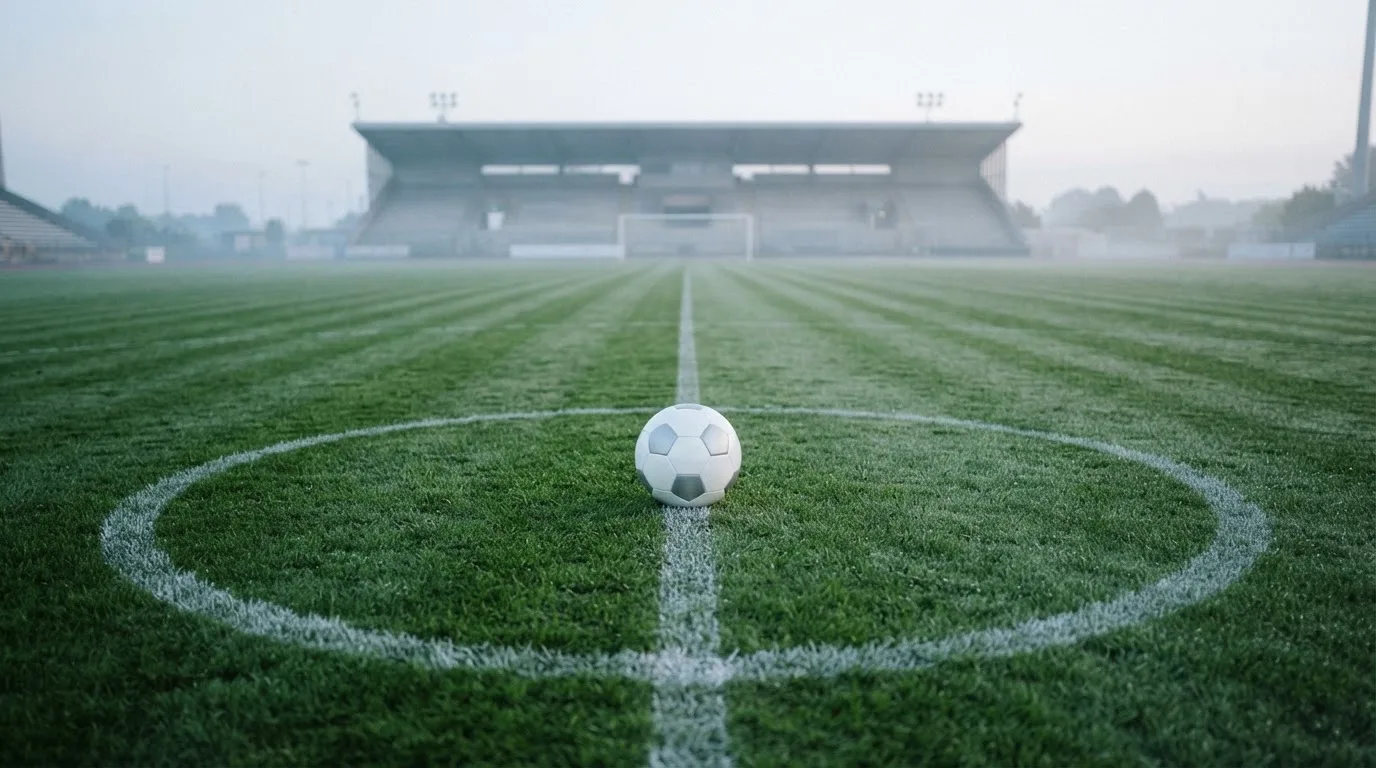 Ein Fußball liegt auf dem Mittelkreis eines leeren Rasenplatzes am frühen Morgen, im Hintergrund eine ferne Tribüne im Dunst.