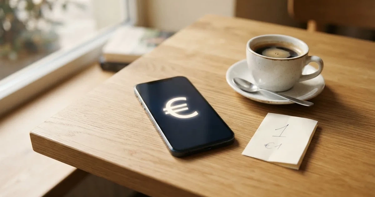 Ein Smartphone mit dunklem Display liegt neben einer Kaffeetasse und einigen Münzen auf einem hellen Holztisch, weiches Tageslicht fällt von links.