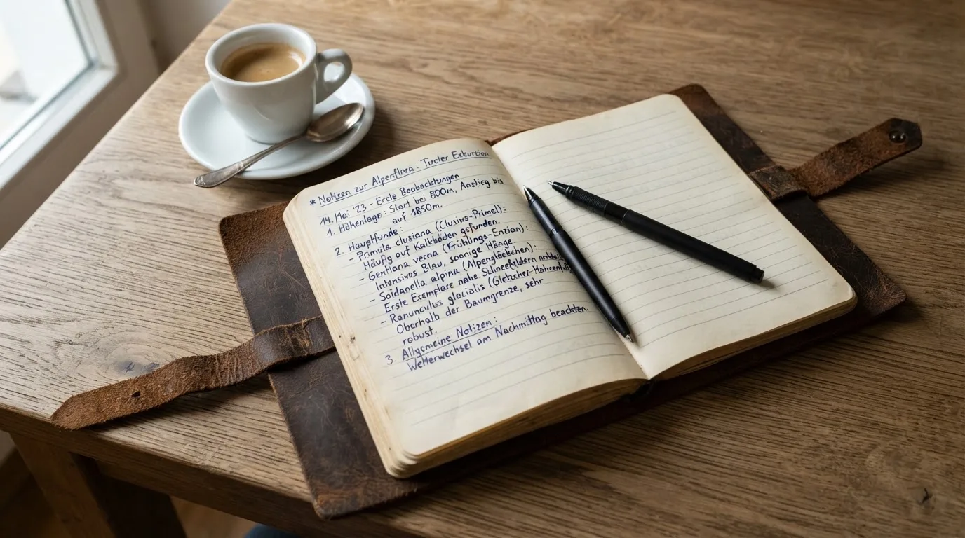 Ein Notizbuch mit handschriftlichen Notizen und ein Kugelschreiber liegen auf einem Schreibtisch neben einer Tasse, Blick schräg von oben.