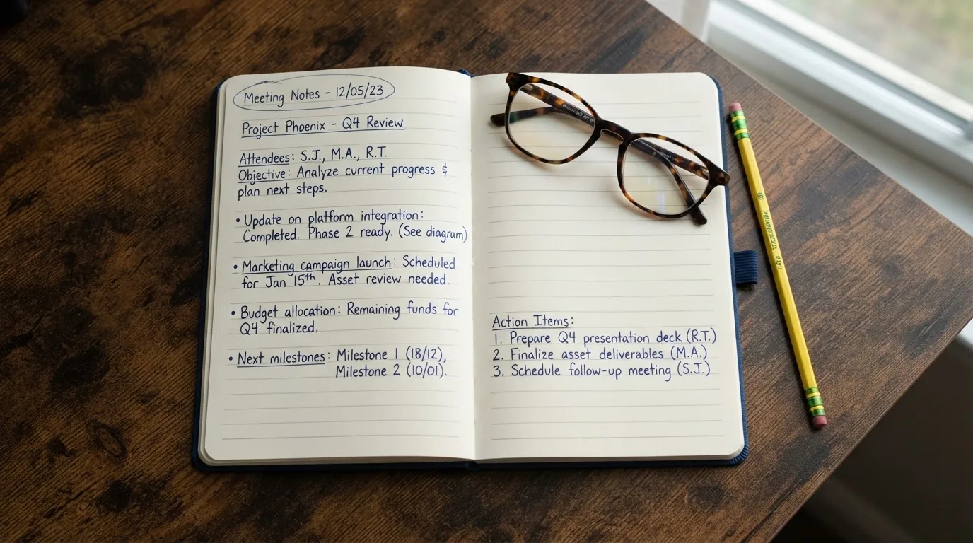 Ein aufgeschlagenes Notizbuch mit handschriftlichen Notizen liegt neben einem Bleistift auf einem Schreibtisch, daneben eine Brille.