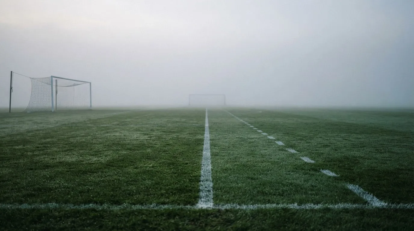 Ein leeres Fußballfeld im Morgennebel, die Mittellinie verliert sich im Dunst, kein Mensch ist zu sehen.