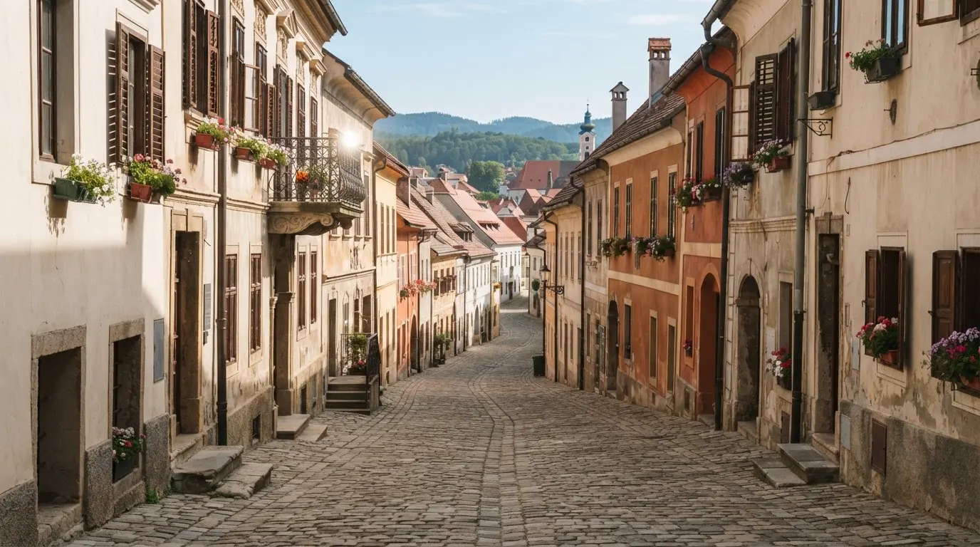 Ein ruhiger Straßenzug in einer Altstadt am Vormittag, helle Fassaden, keine Schilder, niemand ist zu sehen.