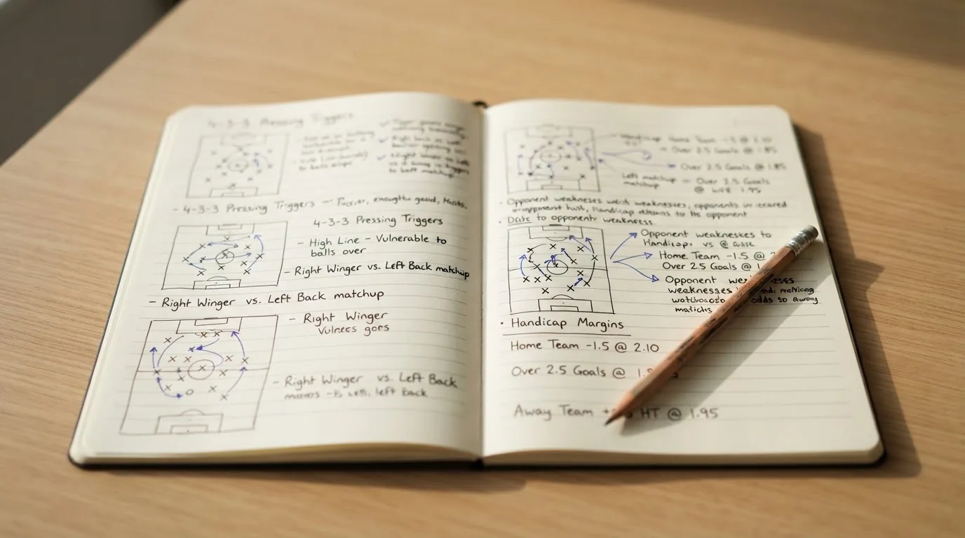 Ein aufgeschlagenes Notizbuch mit handschriftlichen Skizzen und Pfeilen liegt neben einem Bleistift auf einem Holztisch, Tageslicht fällt von der Seite.