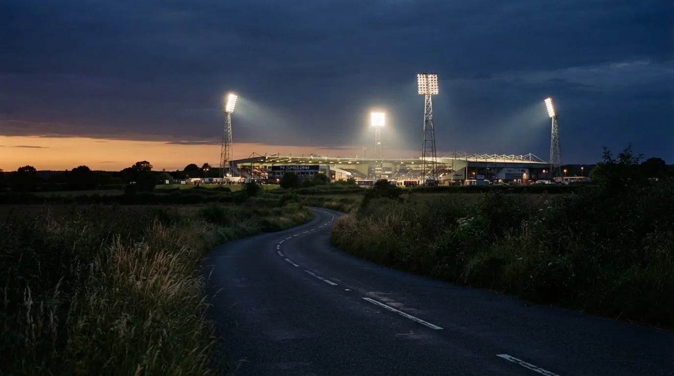 Ein Flutlichtstadion erhebt sich bei Dämmerung in der Ferne hinter einer leeren Landstraße, die Lichter sind eingeschaltet.