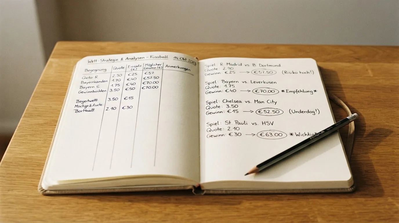 Ein aufgeschlagenes Notizbuch mit handschriftlichen Notizen und Pfeilen liegt neben einem Bleistift auf einem Holztisch, Tageslicht von links.