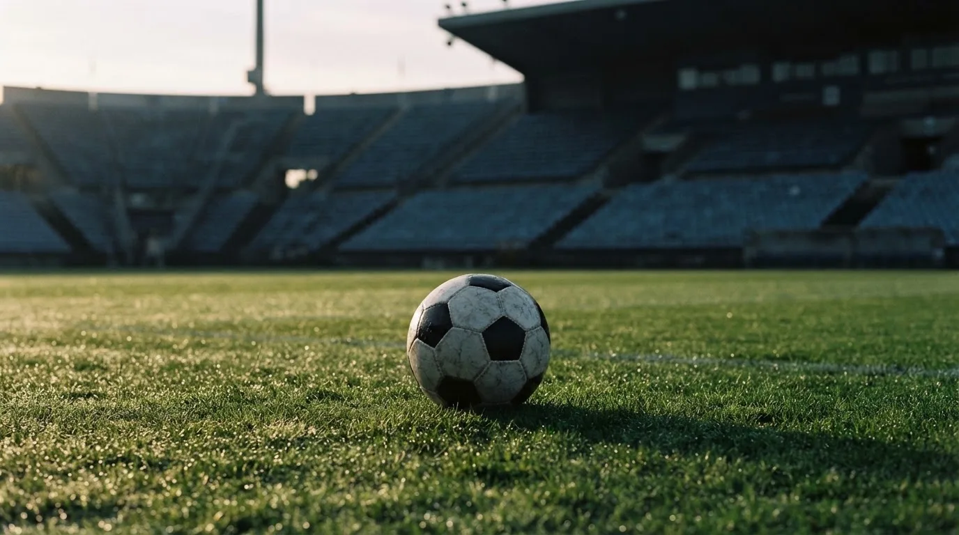 Ein Fußball liegt auf dem Rasen vor einer leeren Tribüne am frühen Morgen, Tau glänzt auf dem Gras.