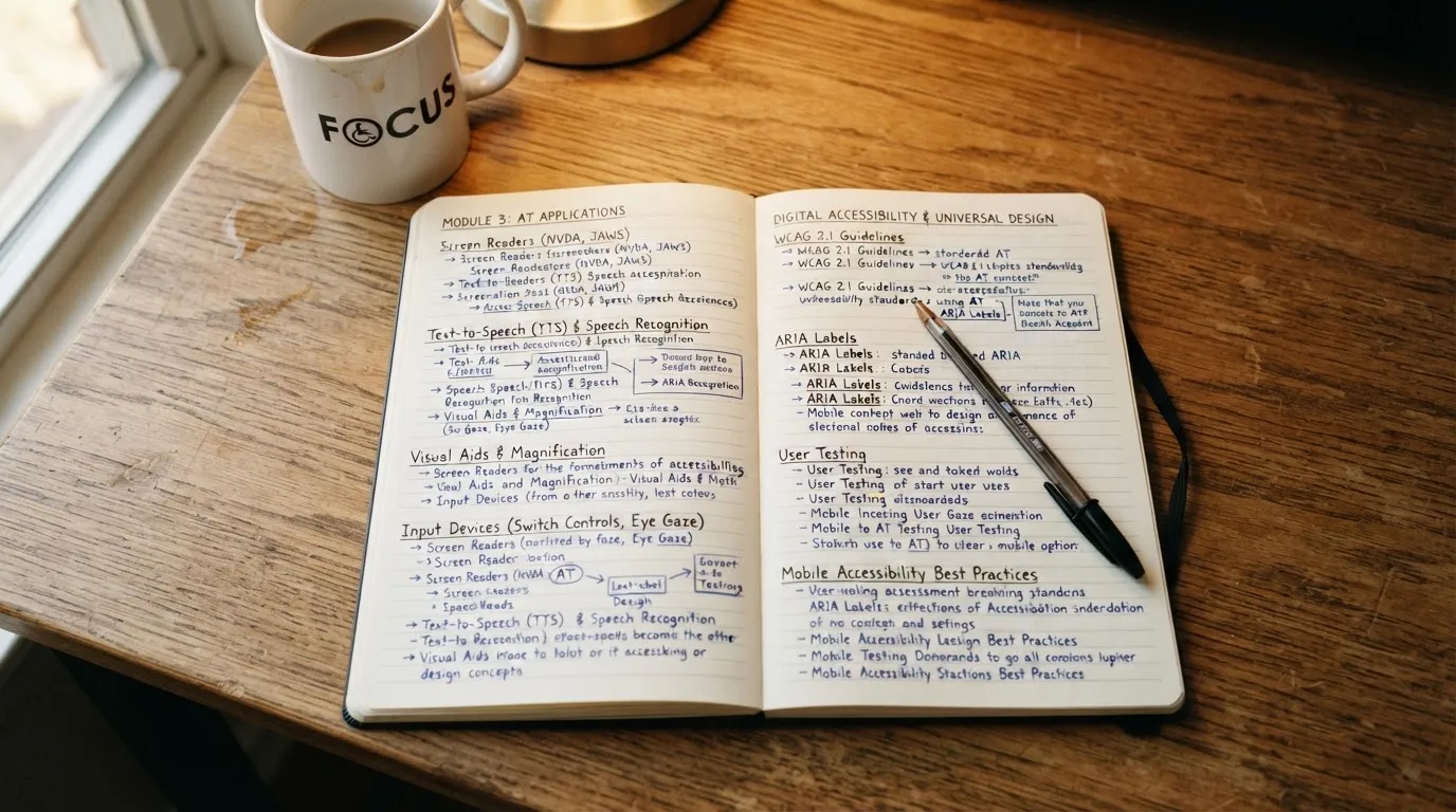 Ein Notizbuch mit handschriftlichen Notizen und ein Kugelschreiber liegen auf einem Schreibtisch neben einer Tasse, Blick schräg von oben.