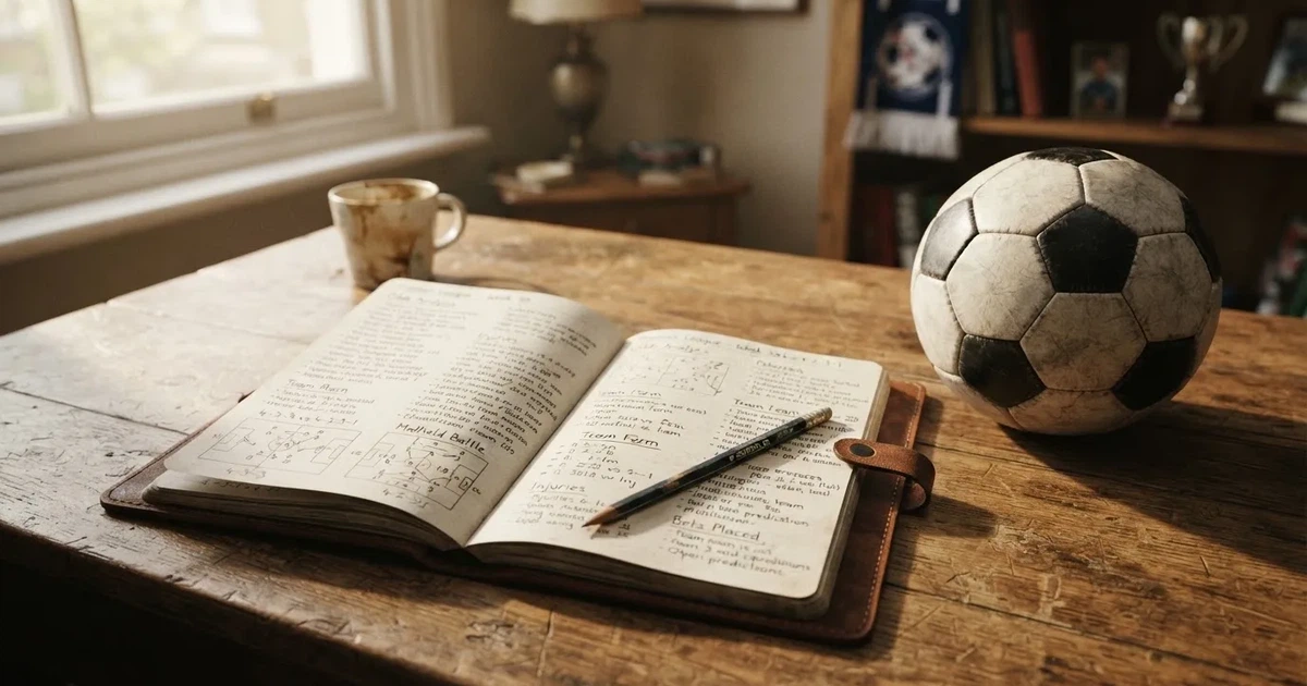 Ein Notizbuch mit handschriftlichen Notizen und kleinen Skizzen liegt aufgeschlagen neben einem Bleistift auf einem Schreibtisch, daneben ein Fußball.