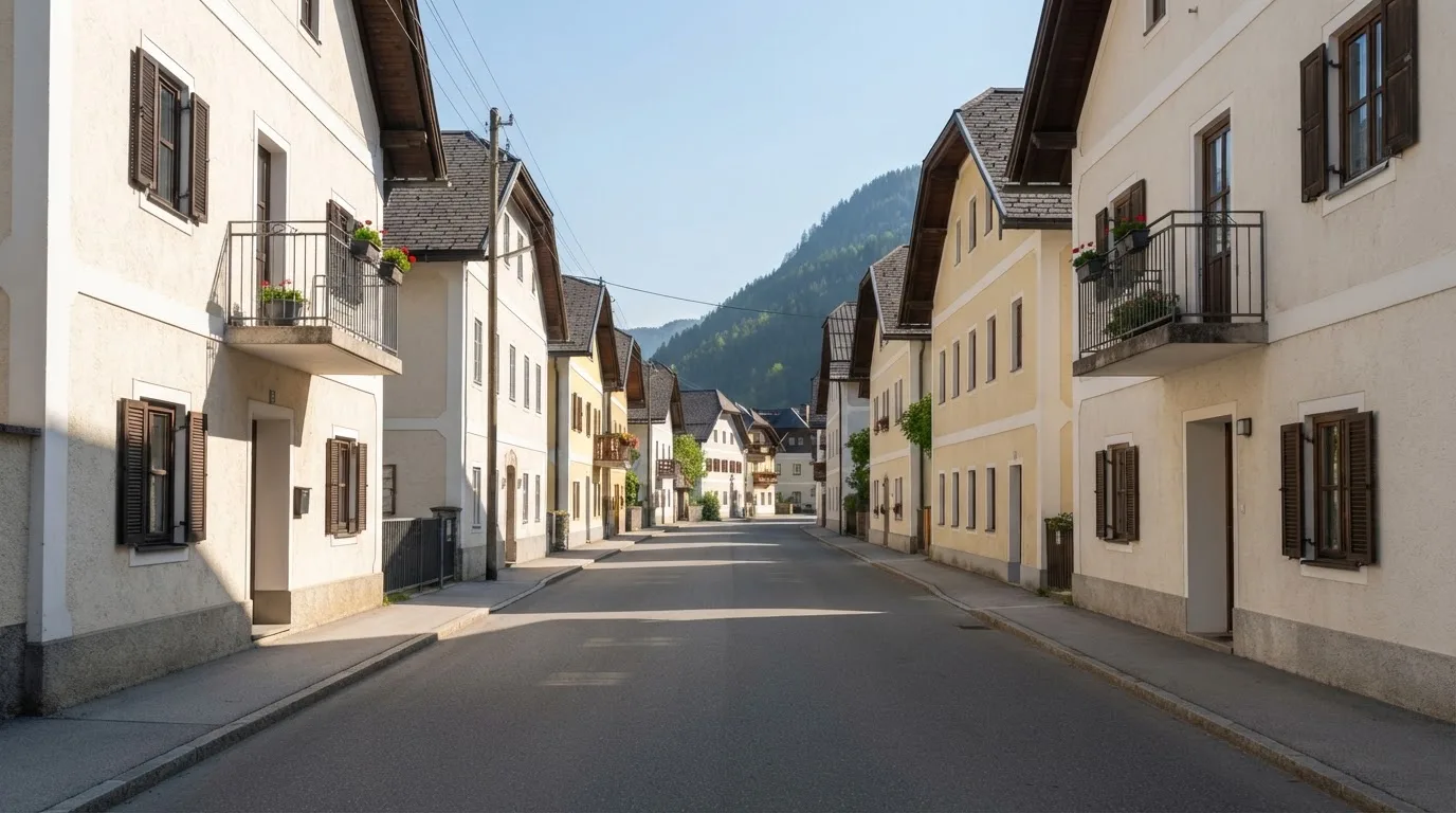 Ein Straßenzug mit hellen Fassaden an einem ruhigen Vormittag, kein Verkehr, keine Schilder, niemand ist zu sehen.