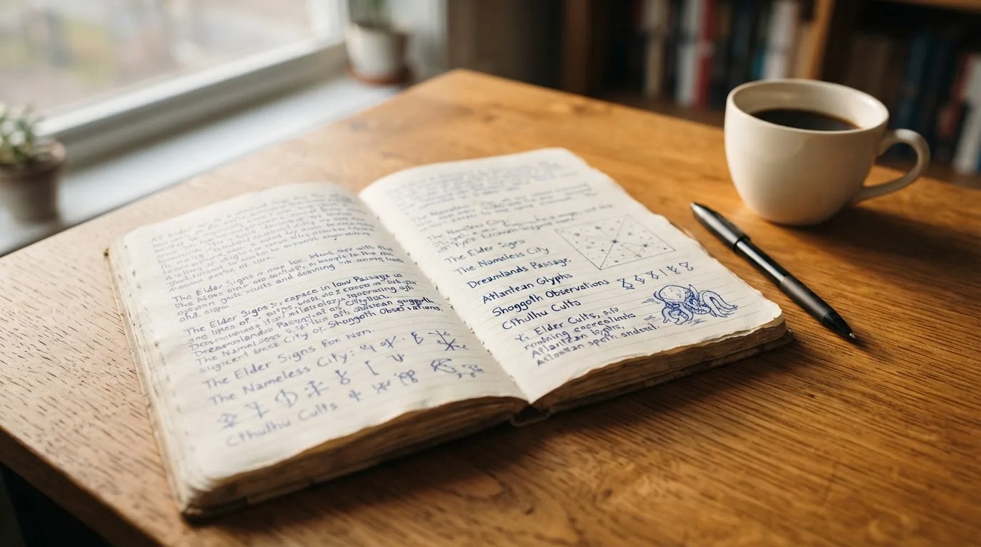 Ein Notizbuch mit handschriftlichen Notizen und ein Kugelschreiber liegen auf einem Schreibtisch neben einer Tasse, Blick schräg von oben.