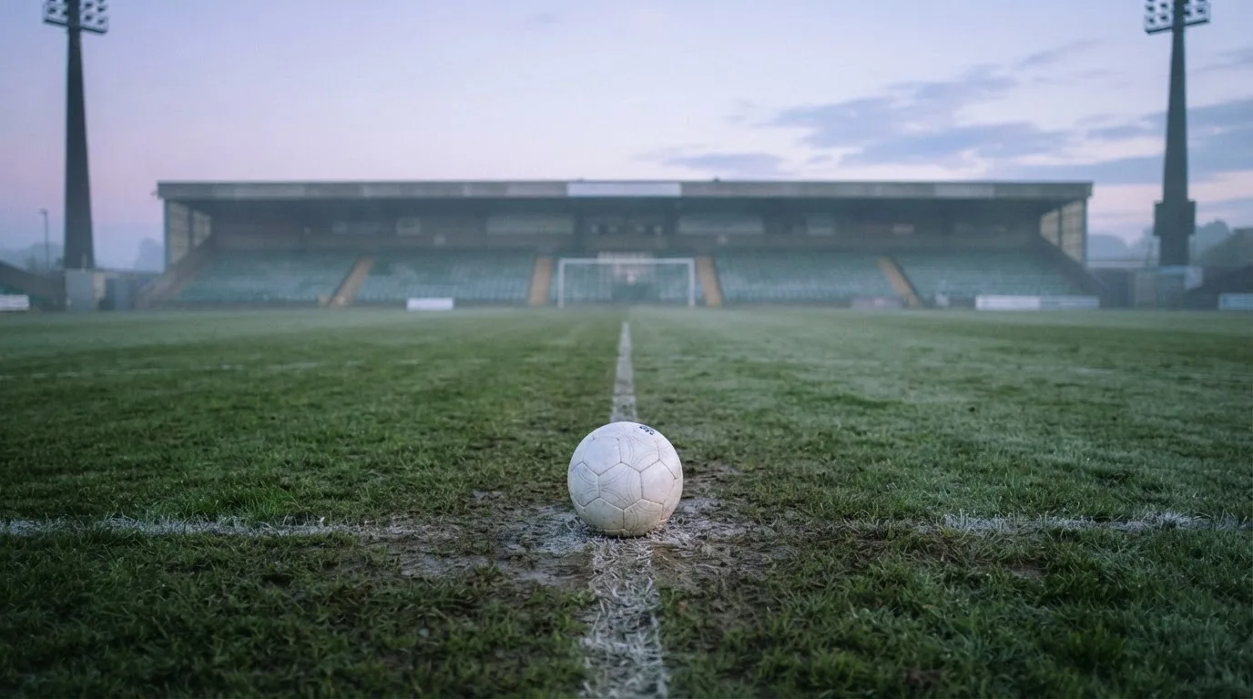 Ein Fußball liegt auf dem Mittelkreis eines leeren Rasenplatzes am frühen Morgen, im Hintergrund eine ferne Tribüne im Dunst.
