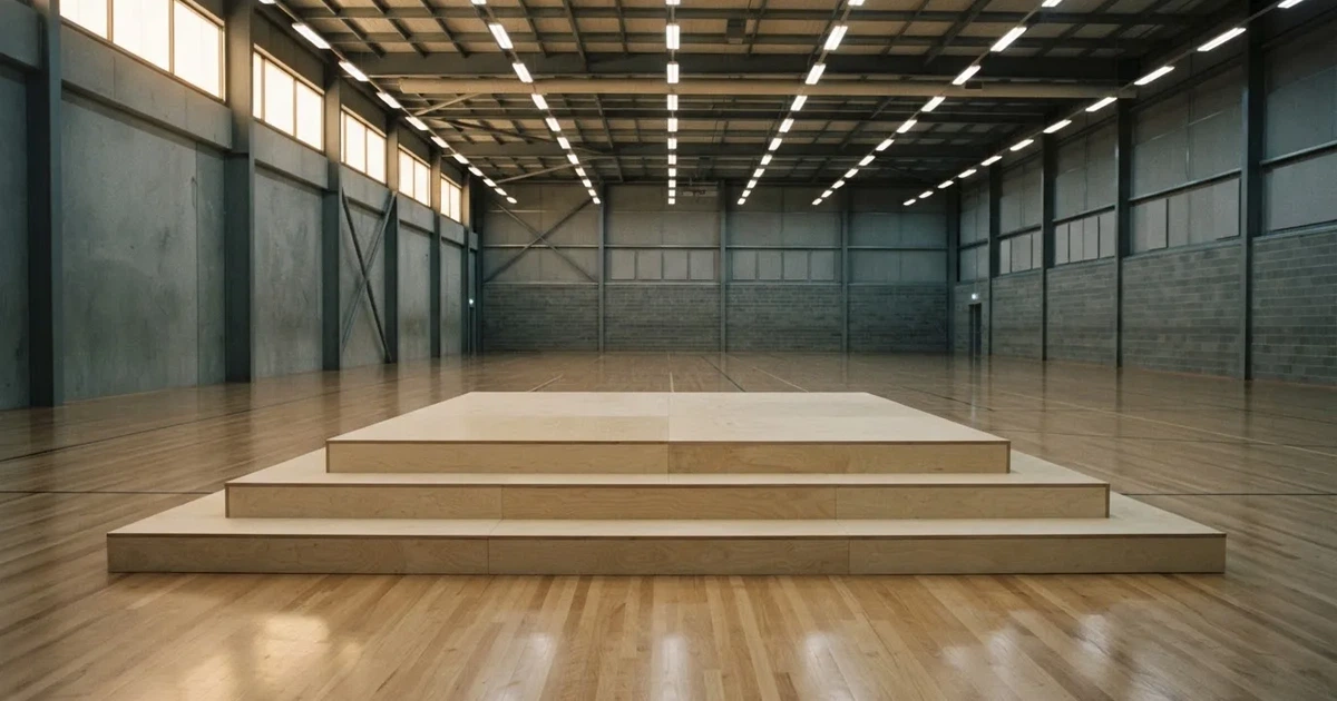 Ein Podium aus hellem Holz steht in einer leeren Sporthalle unter Hallenlicht, ohne Beschriftung oder Zahlen, niemand ist zu sehen.