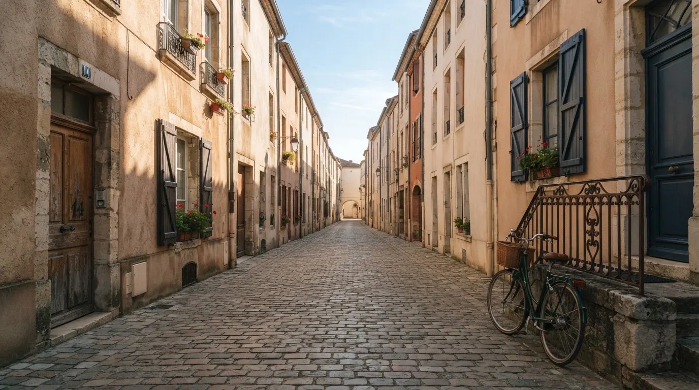 Ein ruhiger Straßenzug in einer Altstadt am Vormittag, helle Fassaden, keine Schilder, niemand ist zu sehen.