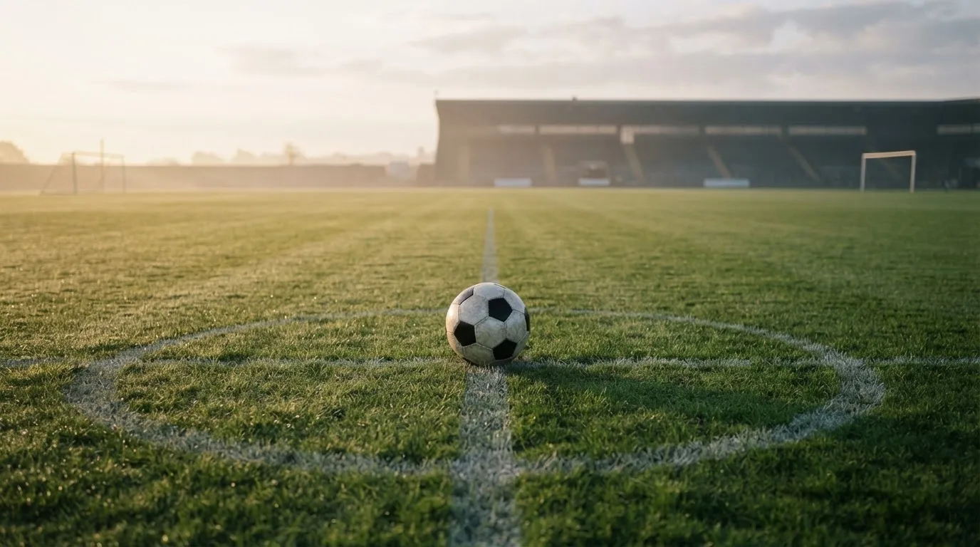 Ein Fußball liegt auf dem Mittelkreis eines leeren Rasenplatzes am frühen Morgen, im Hintergrund eine ferne Tribüne im Dunst.