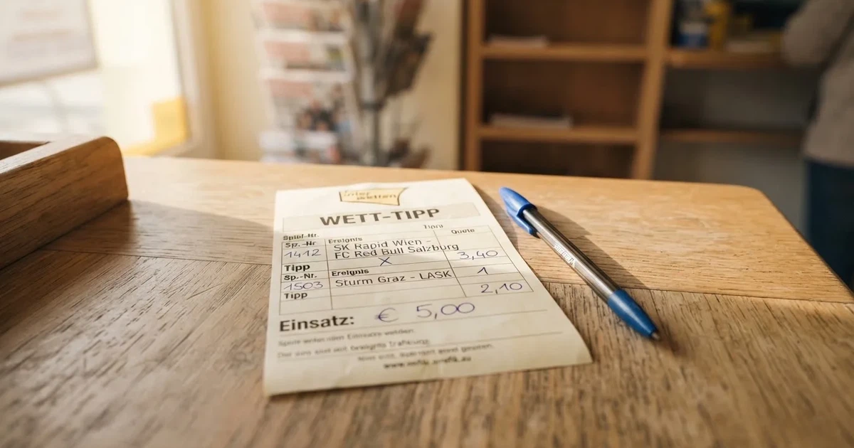 Ein leerer Papier-Wettschein ohne Aufdruck liegt neben einem Kugelschreiber auf einem hellen Tresen, weiches Seitenlicht.