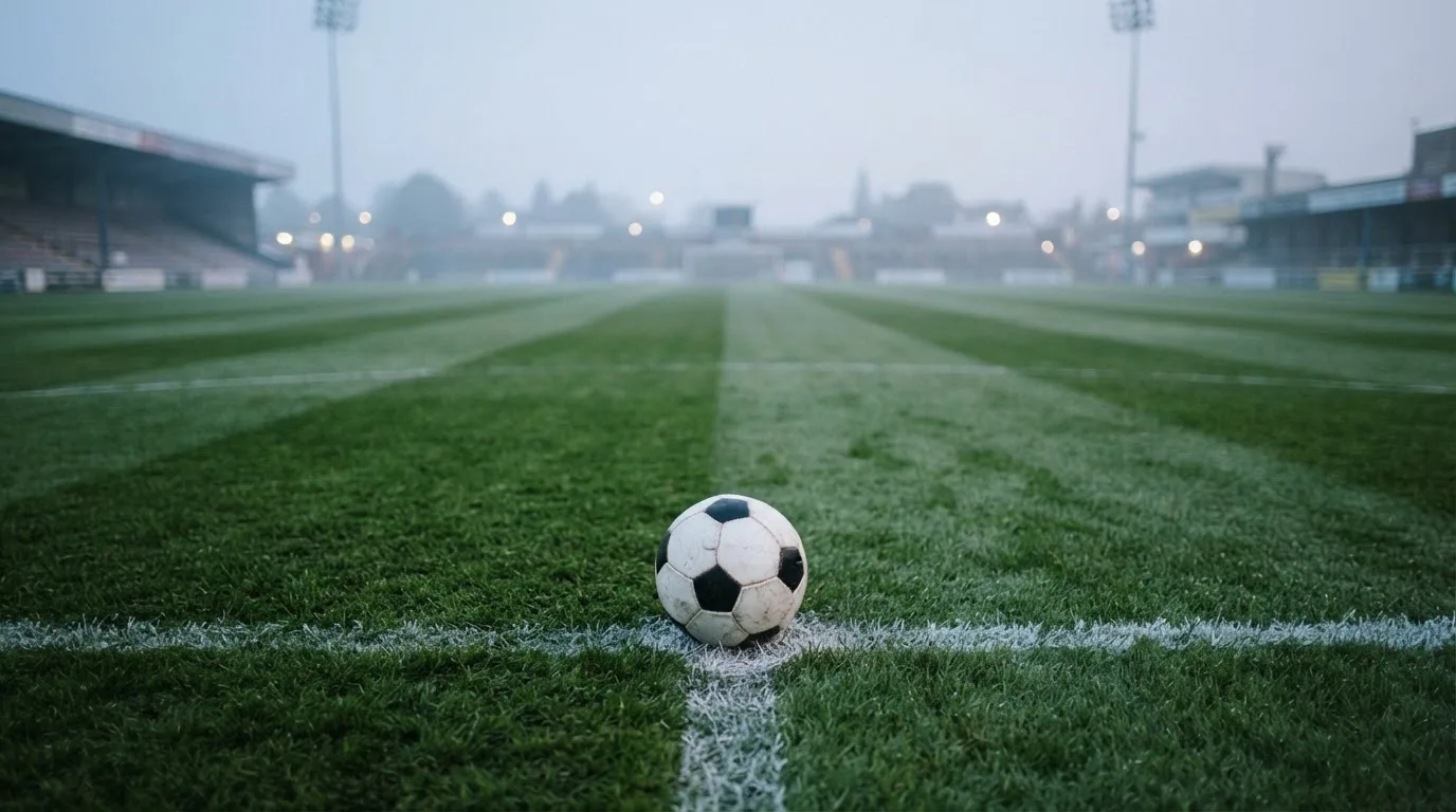 Ein Fußball liegt auf dem Mittelkreis eines leeren Rasenplatzes am frühen Morgen, im Hintergrund eine ferne Tribüne im Dunst.