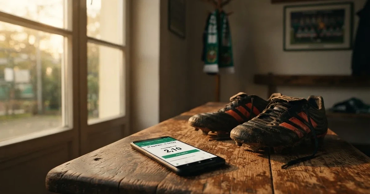 Ein Smartphone mit dunklem Display liegt auf einer Holzbank neben einem Paar Fußballschuhen, Morgenlicht fällt durch ein Fenster.