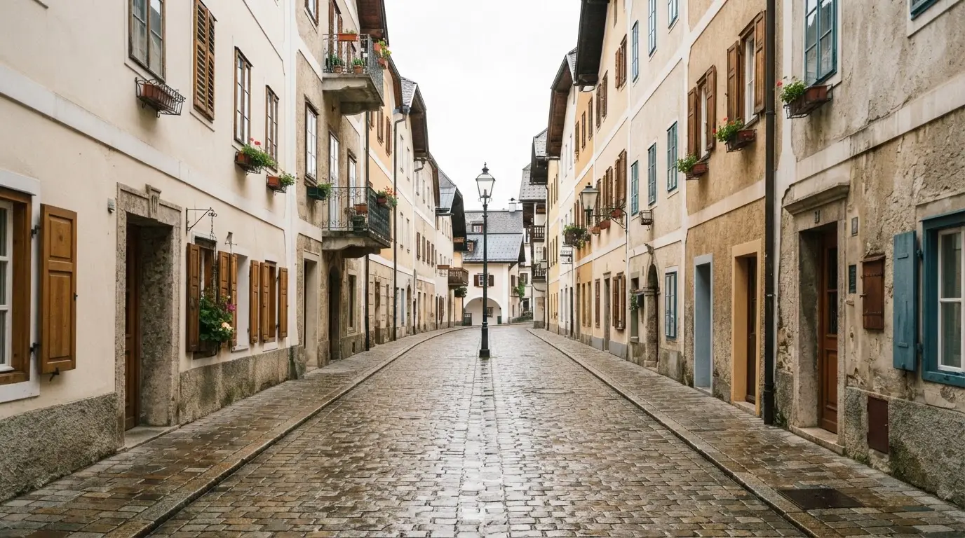 Ein ruhiger Straßenzug in einer Altstadt am Vormittag, helle Fassaden, keine Schilder, niemand ist zu sehen.