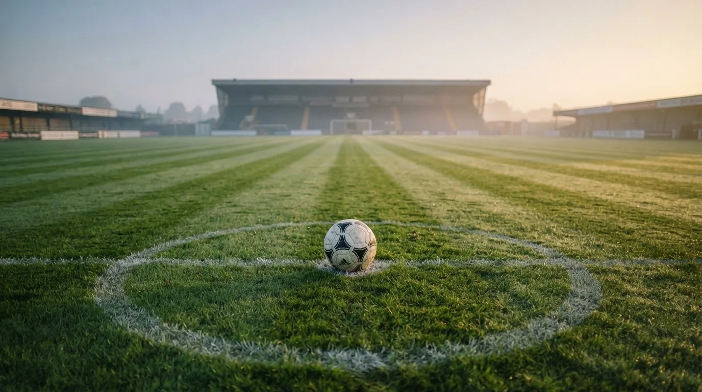 Ein Fußball liegt auf dem Mittelkreis eines leeren Rasenplatzes am frühen Morgen, im Hintergrund eine ferne Tribüne im Dunst.