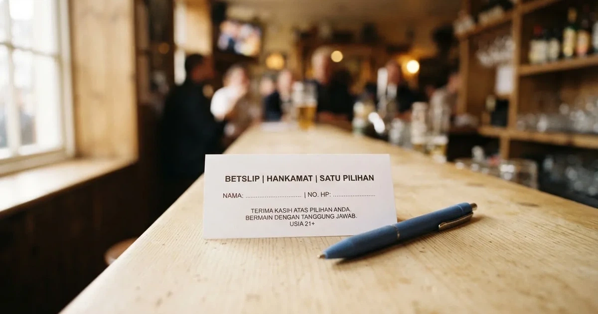 Ein leerer Papier-Wettschein ohne Aufdruck liegt neben einem Kugelschreiber auf einem hellen Tresen, weiches Seitenlicht.