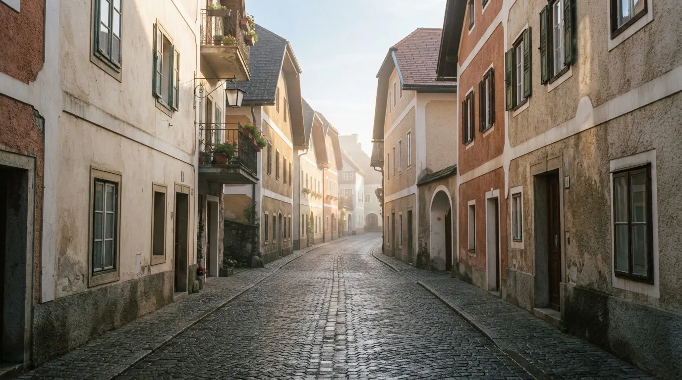 Ein ruhiger Straßenzug in einer Altstadt am Vormittag, helle Fassaden, keine Schilder, niemand ist zu sehen.