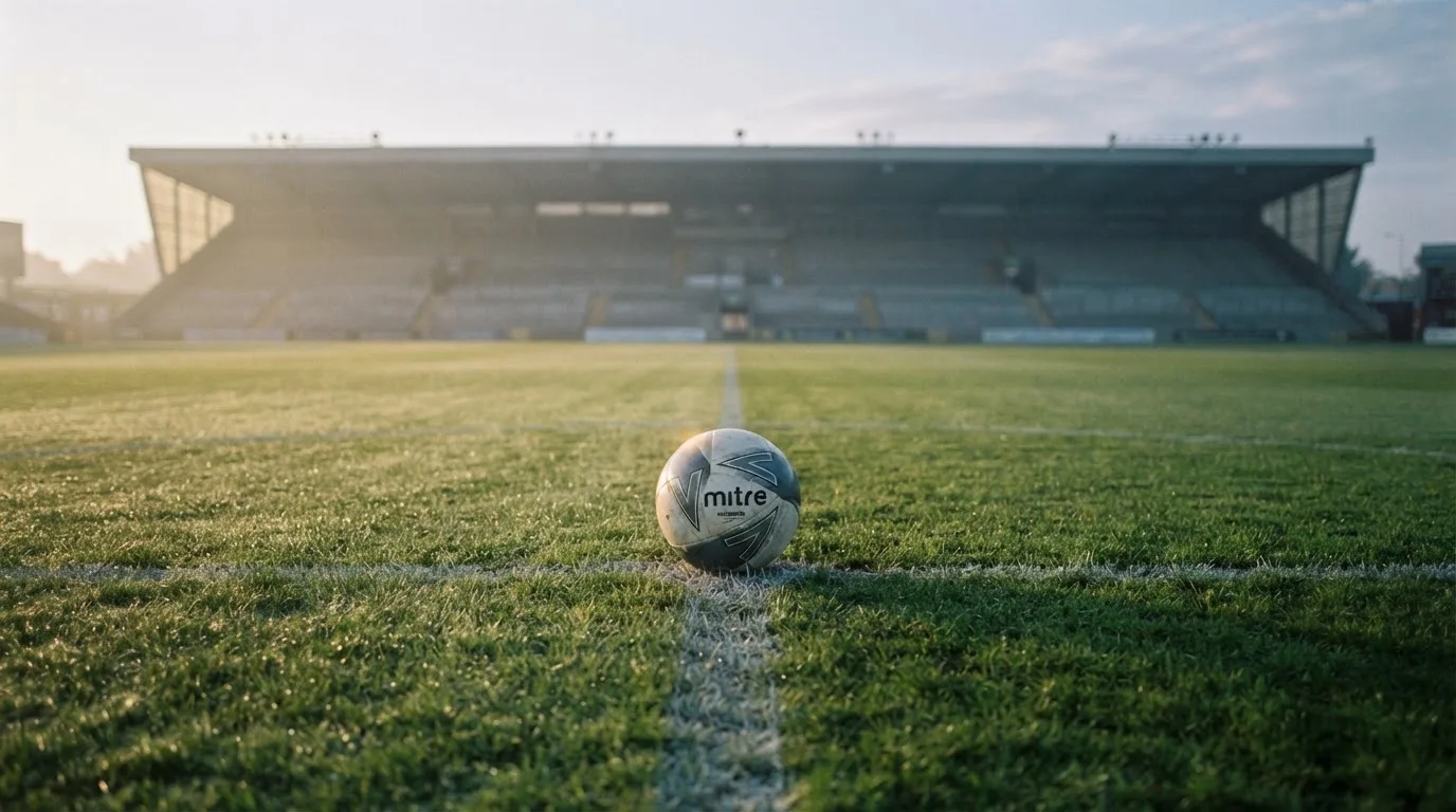 Ein Fußball liegt auf dem Mittelkreis eines leeren Rasenplatzes am frühen Morgen, im Hintergrund eine ferne Tribüne im Dunst.