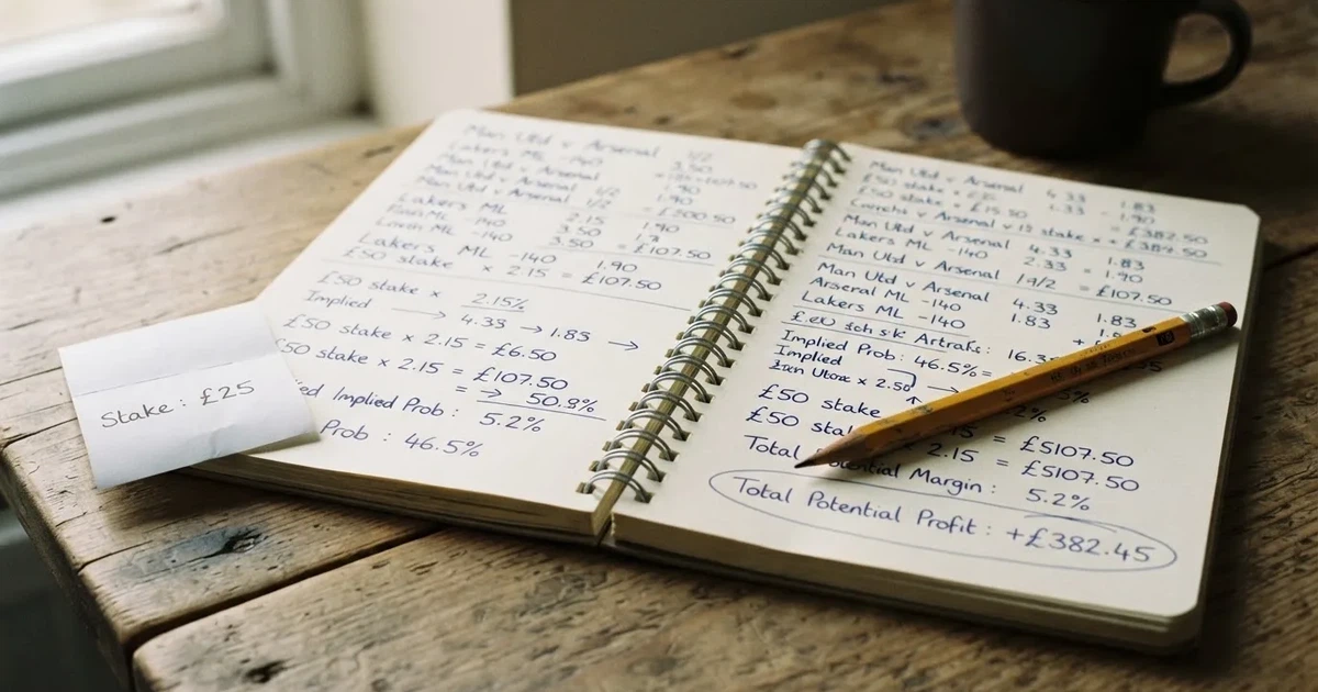 Ein Notizbuch mit handschriftlichen Notizen und kleinen Skizzen liegt aufgeschlagen neben einem Bleistift auf einem Schreibtisch, Fensterlicht von links.