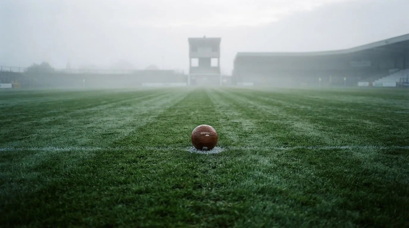 Ein Fußball liegt auf dem Anstoßpunkt eines leeren Rasenplatzes im Morgendunst, im Hintergrund eine ferne Tribüne.
