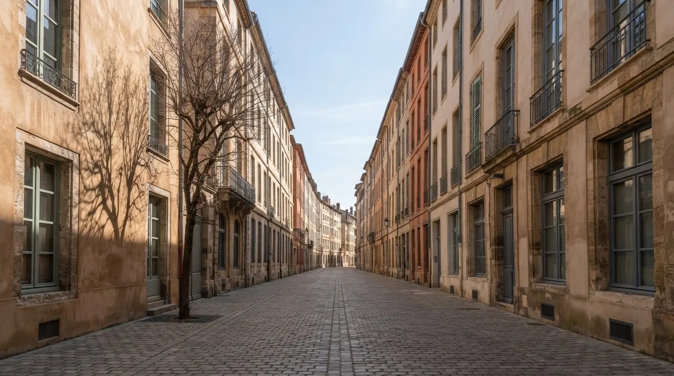 Ein ruhiger Straßenzug in einer Altstadt am Vormittag, helle Fassaden, keine Schilder, niemand ist zu sehen.