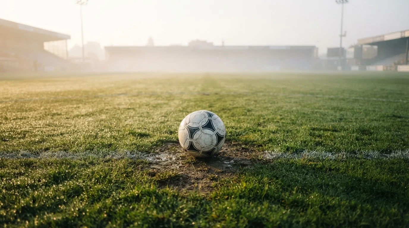 Ein Fußball liegt auf dem Anstoßpunkt eines leeren Rasenplatzes im Morgennebel, im Hintergrund verschwimmen die Tribünen.