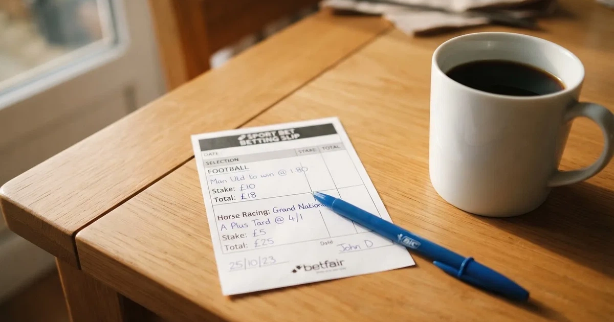 Ein leerer Wettschein aus Papier und ein Kugelschreiber liegen auf einem hellen Holztisch neben einer Kaffeetasse im warmen Seitenlicht.