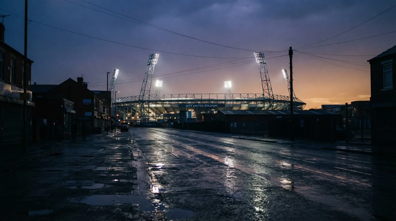 Ein Stadion unter Flutlicht aus großer Entfernung gesehen, davor eine nasse Straße in der Abenddämmerung.
