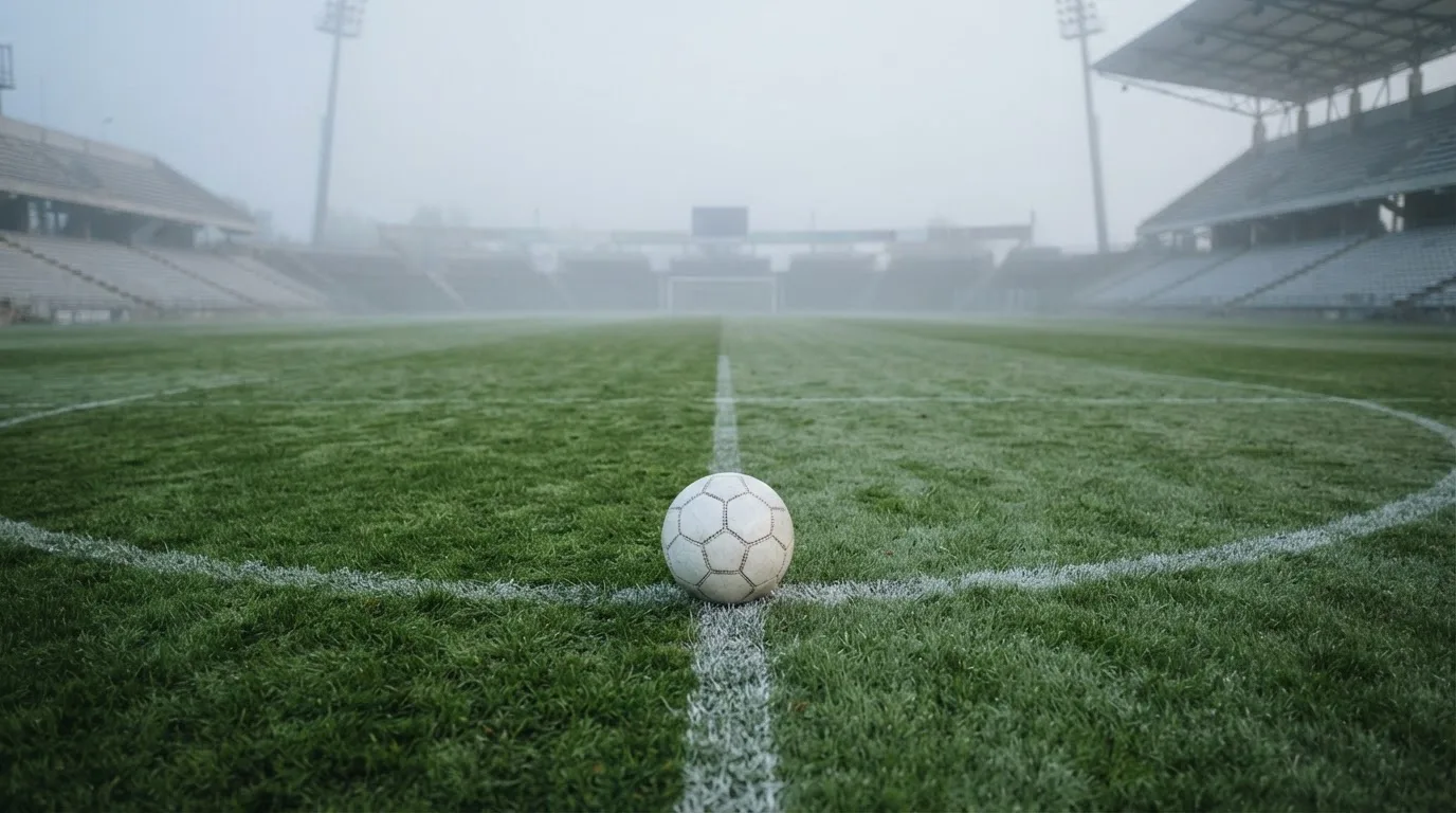 Ein Fußball liegt auf dem Anstoßpunkt eines leeren Rasenplatzes im Morgennebel.