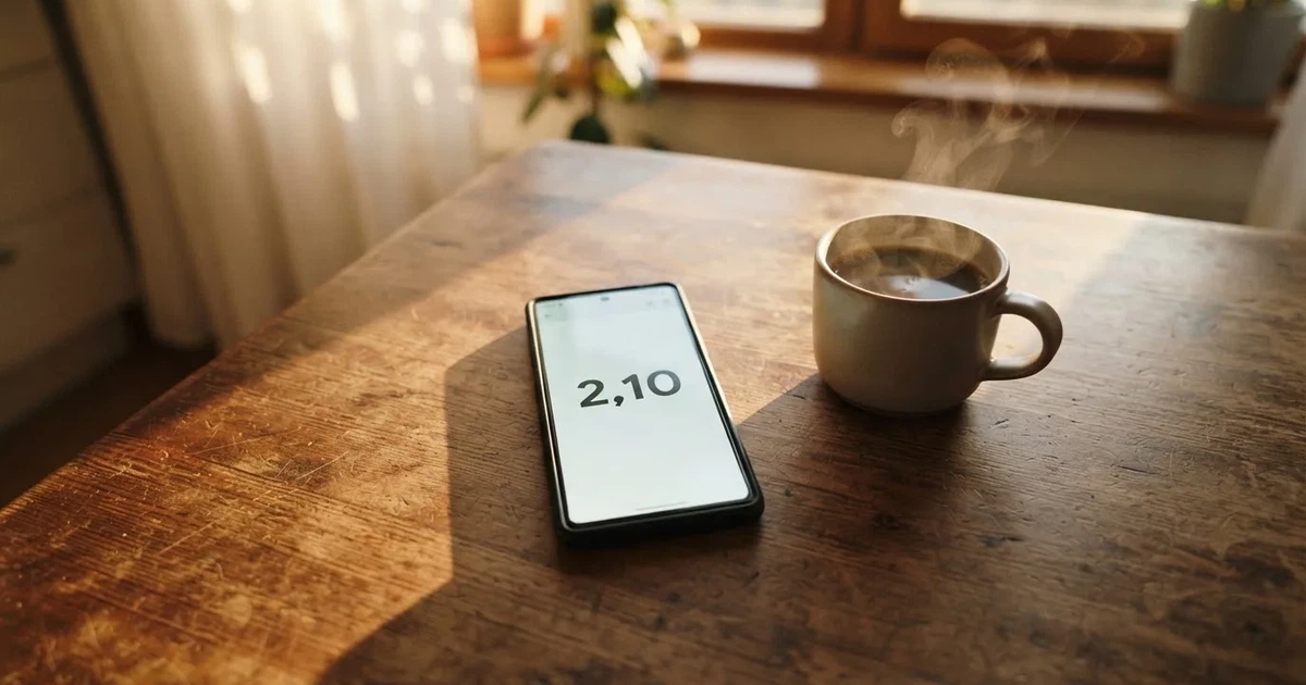 Ein Smartphone mit dunklem Display liegt auf einem Holztisch neben einer Kaffeetasse, Tageslicht fällt von der Seite ein.