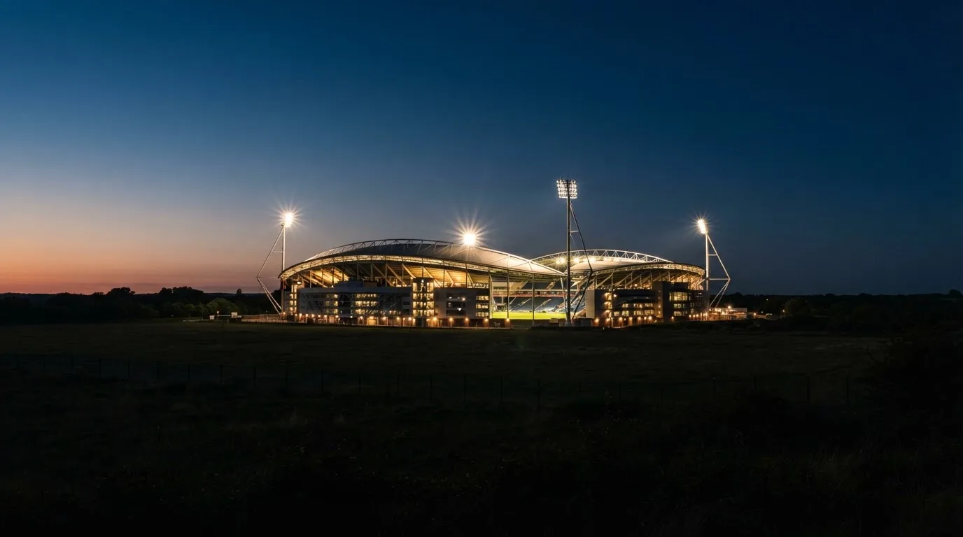 Ein Stadion unter Flutlicht aus großer Entfernung gesehen, der Himmel darüber ist tiefblau.