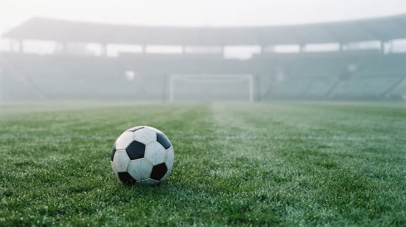 Ein Fußball liegt auf dem Rasen eines leeren Platzes im Morgennebel, im Hintergrund verschwimmen die Tribünen.