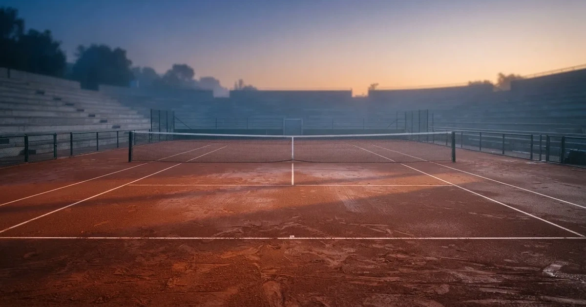 Ein Tennisplatz aus Sand liegt menschenleer im ersten Licht der Morgendämmerung, die Netze hängen still.