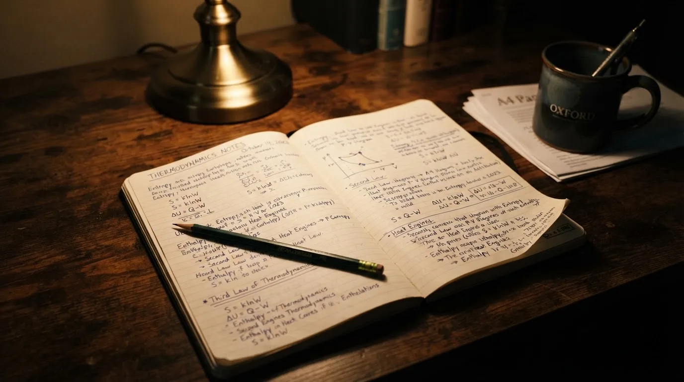 Ein aufgeschlagenes Notizbuch mit handschriftlichen Notizen und ein Bleistift liegen auf einem Schreibtisch im Licht einer Lampe.
