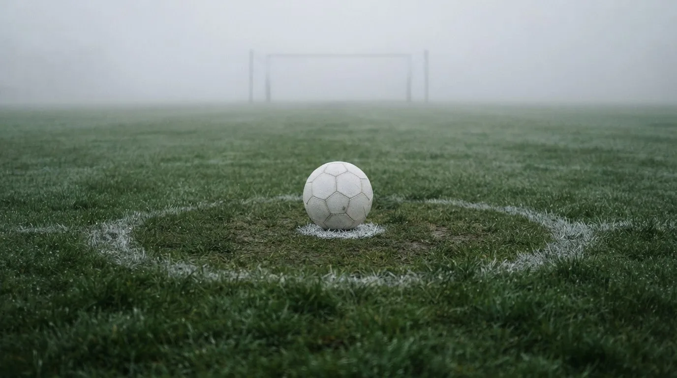 Ein Fußball liegt auf dem Anstoßpunkt eines leeren Rasenplatzes im Morgennebel.