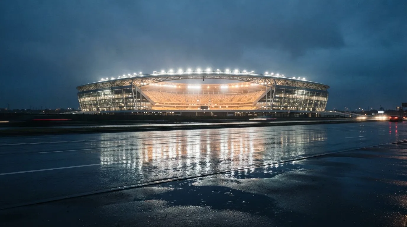 Ein Stadion unter Flutlicht aus großer Entfernung gesehen, davor eine regennasse Straße in der Dämmerung.