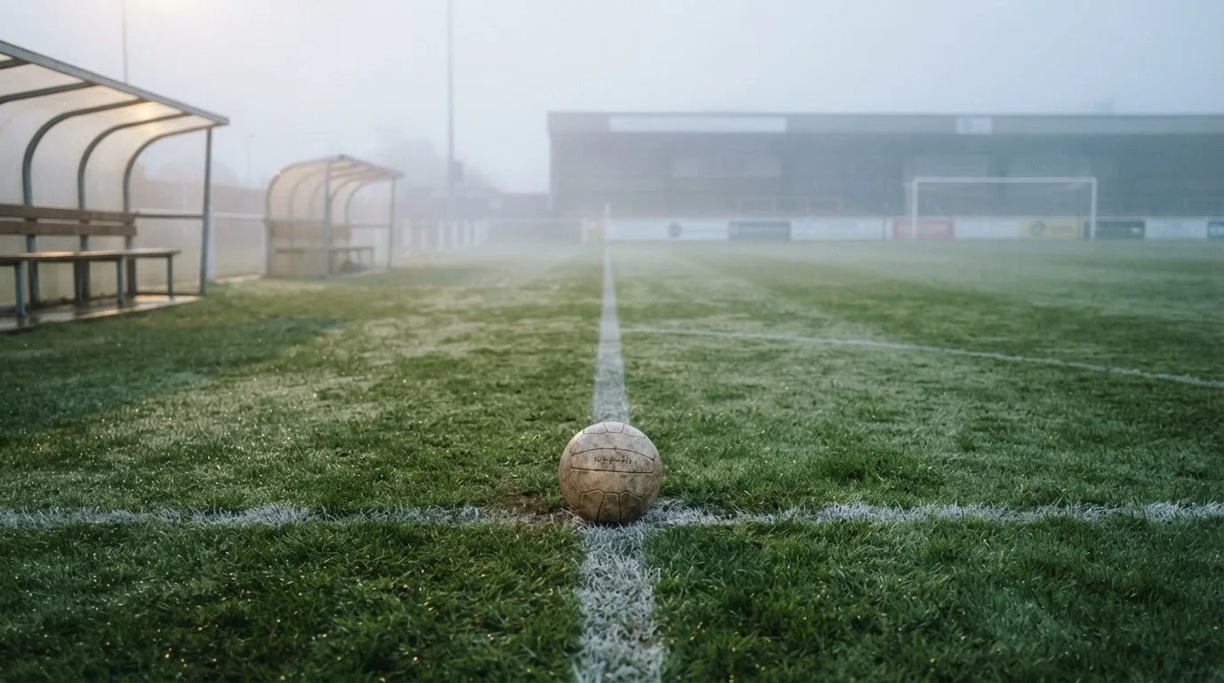 Ein Fußball liegt auf dem Rasen eines leeren Platzes im Morgennebel, am Rand stehen unbesetzte Ersatzbänke.
