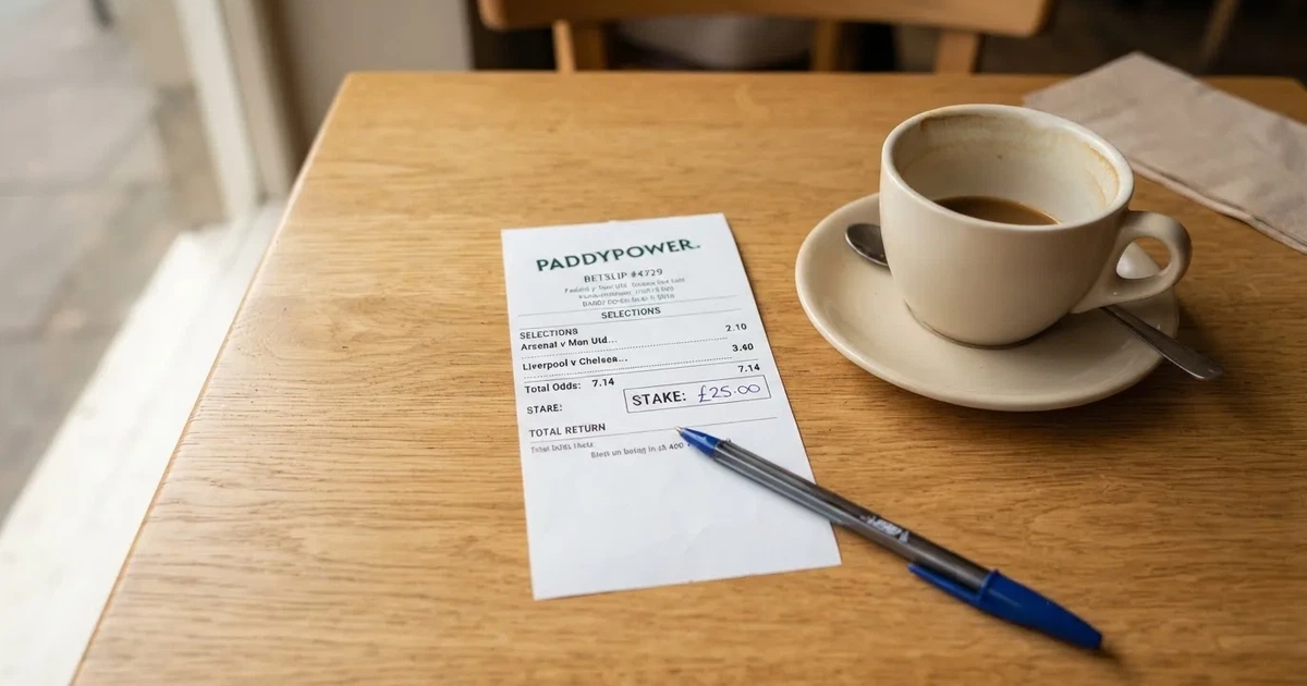 Ein leerer Wettschein aus Papier und ein Kugelschreiber liegen auf einem hellen Holztisch neben einer Kaffeetasse.