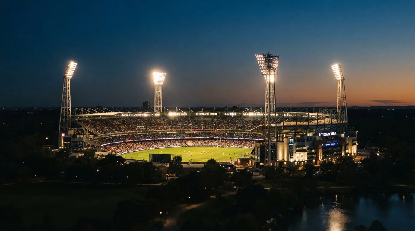 Ein Stadion unter Flutlicht aus großer Entfernung gesehen, der Himmel darüber ist tiefblau.