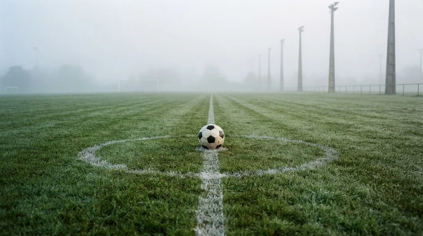 Ein Fußball liegt auf dem Anstoßpunkt eines leeren Rasenplatzes im Morgennebel.