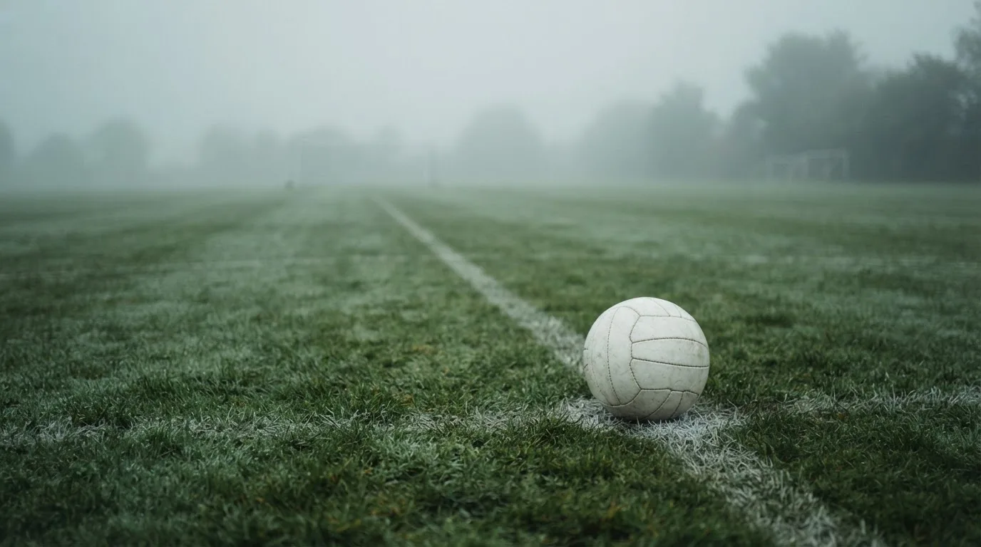 Ein Fußball liegt auf dem Anstoßpunkt eines leeren Rasenplatzes im Morgennebel.