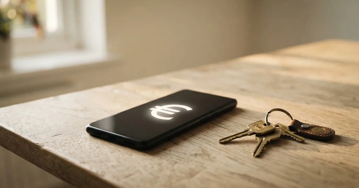 Ein Smartphone mit dunklem Display liegt auf einem hellen Tisch neben einem Schlüsselbund, Tageslicht fällt von der Seite ein.