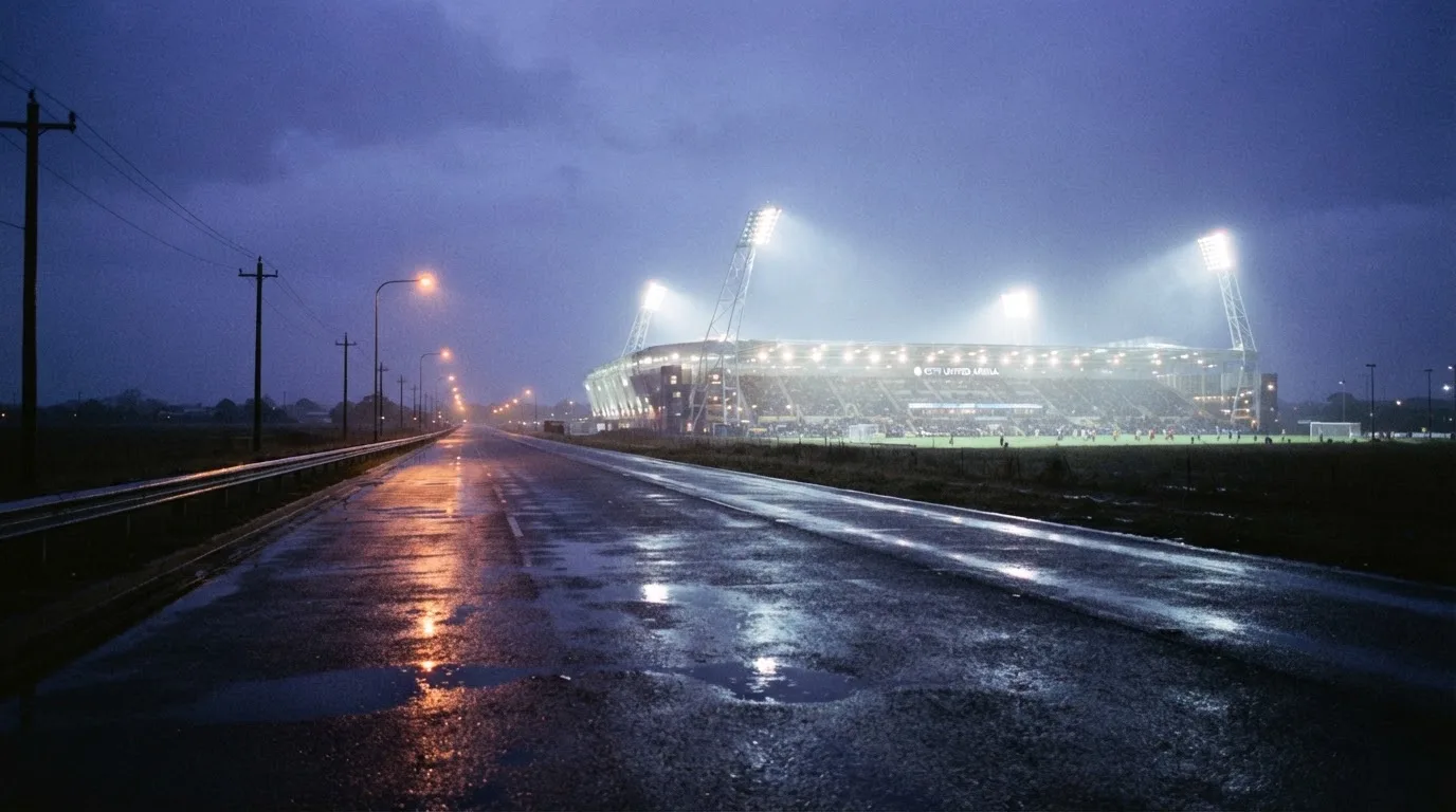 Ein Stadion unter Flutlicht aus großer Entfernung gesehen, davor eine regennasse Straße in der Dämmerung.
