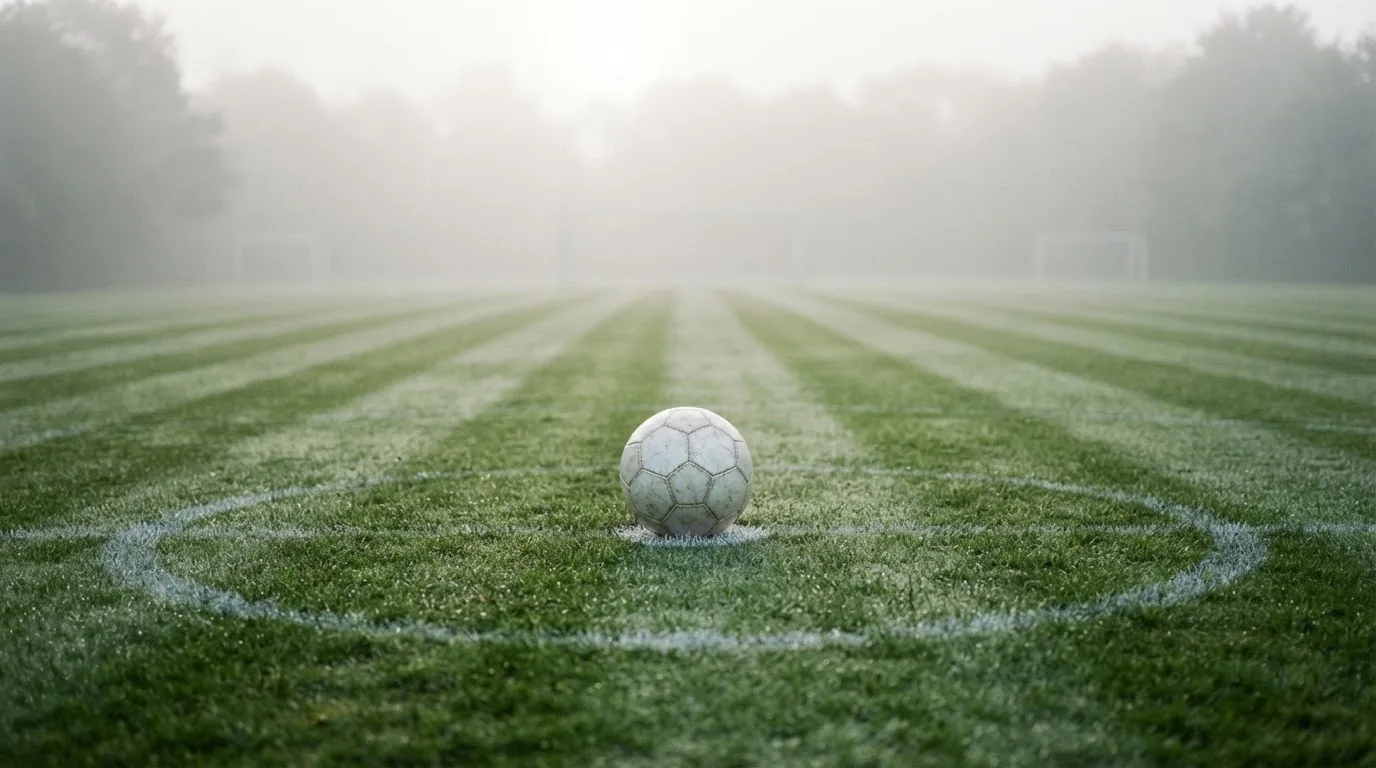 Ein Fußball liegt auf dem Anstoßpunkt eines leeren Rasenplatzes im Morgennebel.
