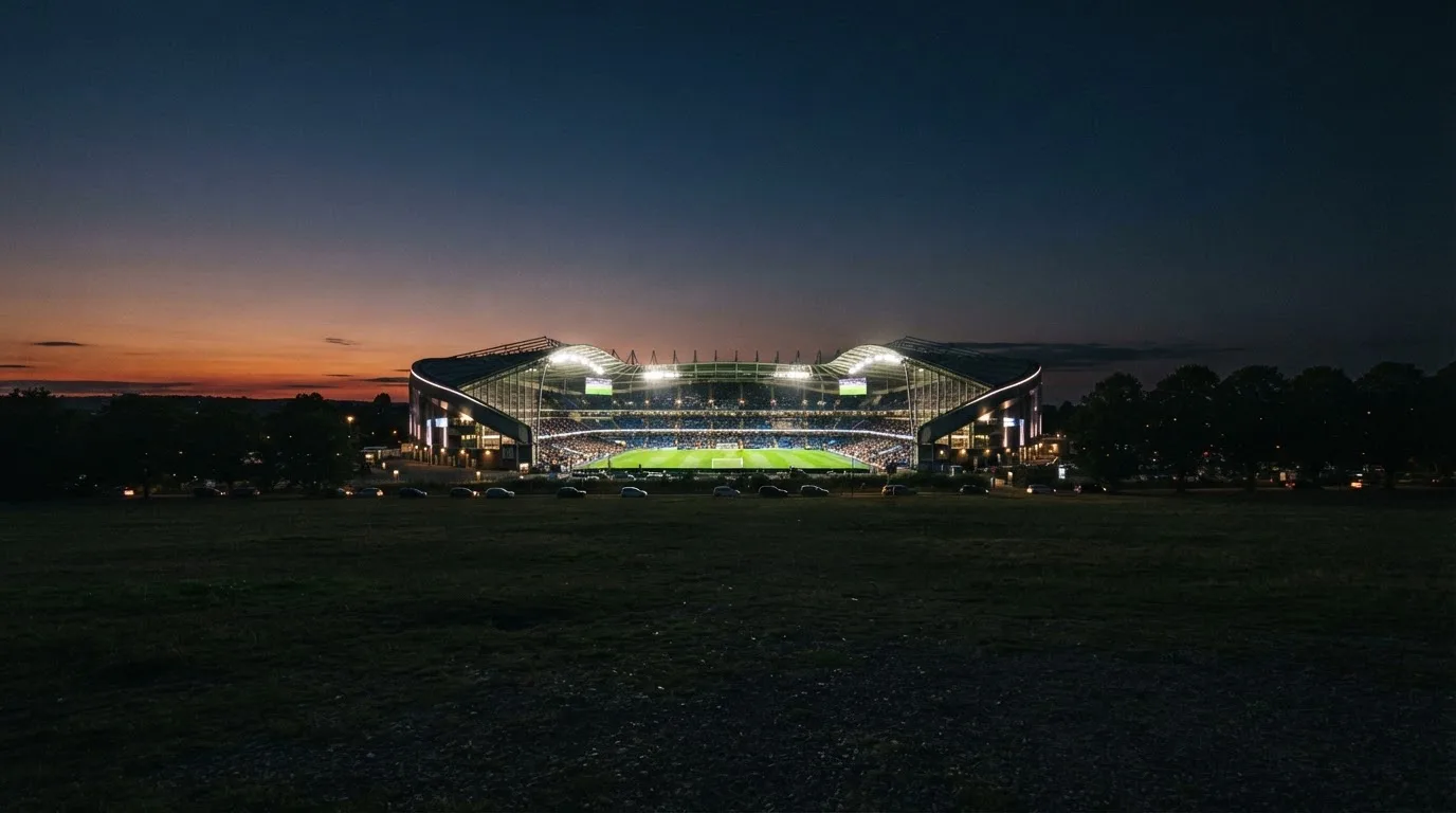 Ein Stadion unter Flutlicht aus großer Entfernung gesehen, der Himmel darüber ist tiefblau.