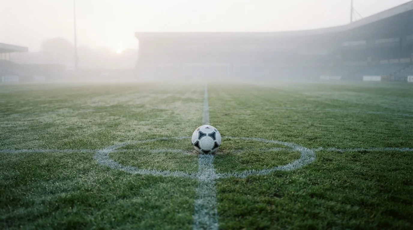 Ein Fußball liegt auf dem Anstoßpunkt eines leeren Rasenplatzes im Morgennebel.